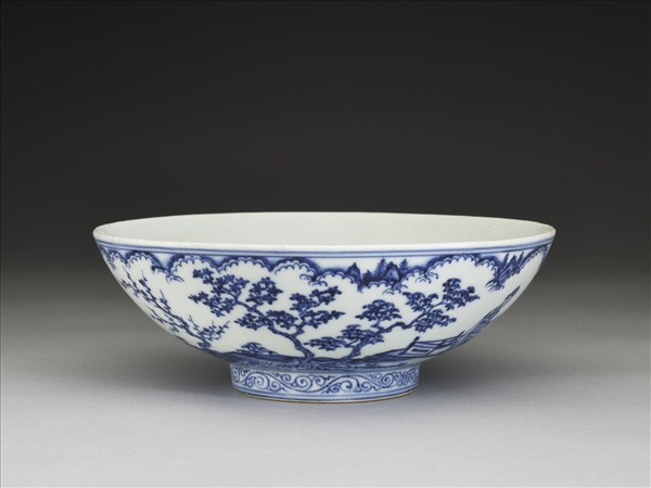 青花山水仕女圖碗