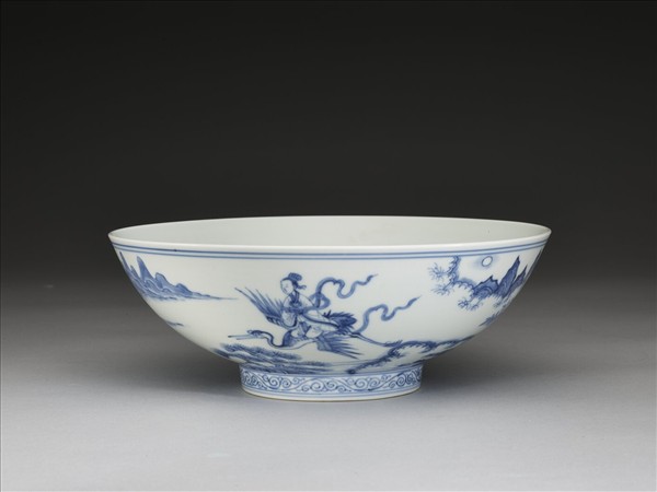 青花山水仕女圖碗