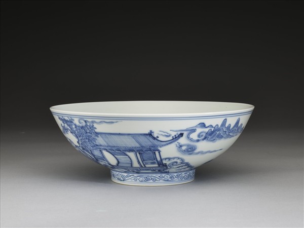 青花山水仕女圖碗