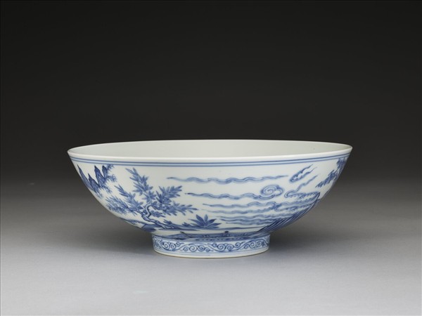 青花山水仕女圖碗