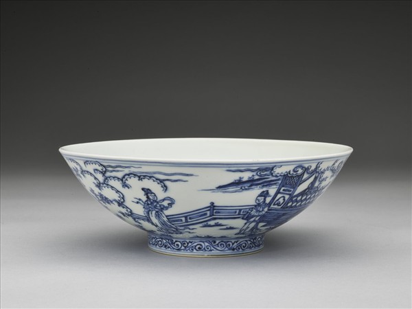 青花山水仕女圖碗