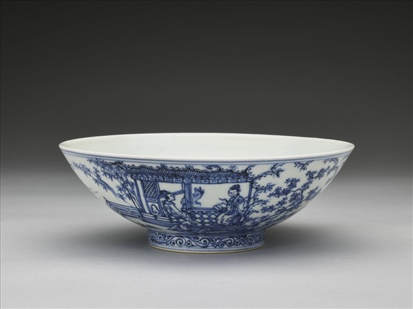 青花山水仕女圖碗