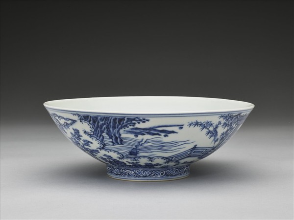 青花山水仕女圖碗