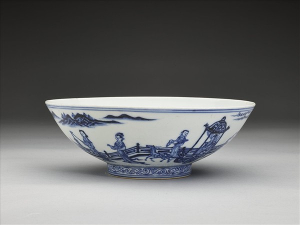 青花山水仕女圖碗