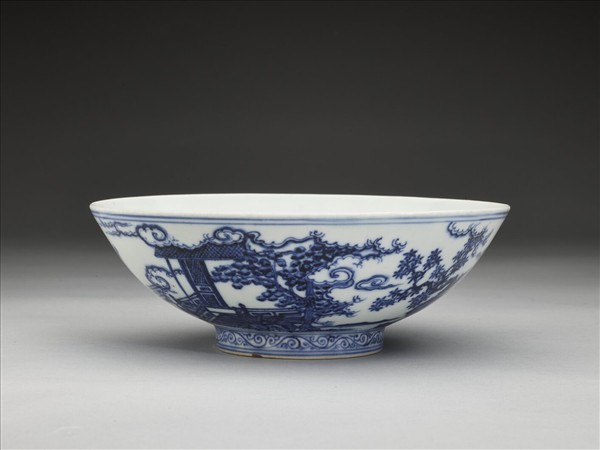 青花山水仕女圖碗