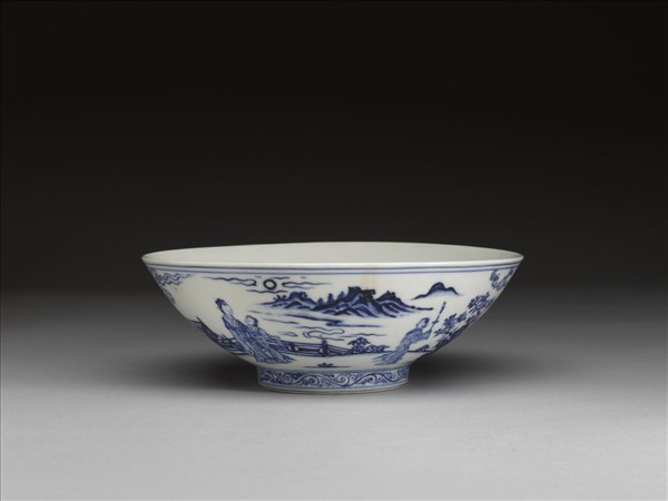 青花山水仕女圖碗