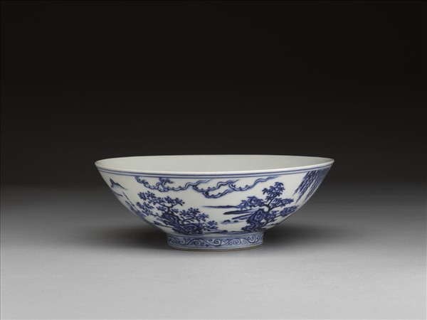 青花山水仕女圖碗