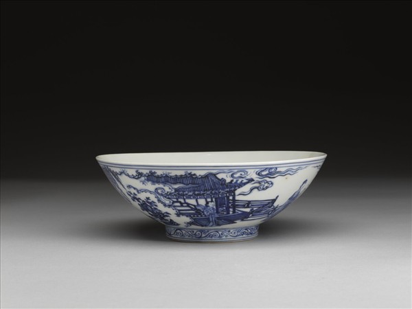 青花山水仕女圖碗