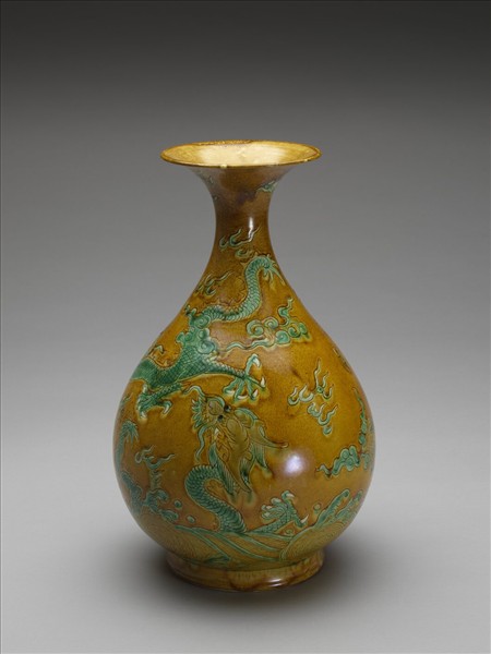 官窯 嬌黃綠彩雙龍紋玉壺春瓶