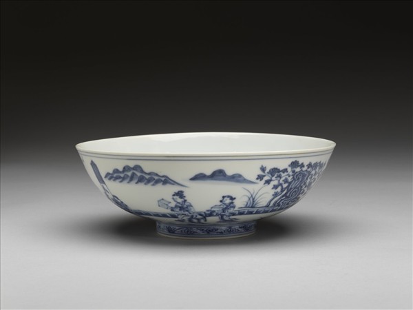 官窯 青花山水仕女圖碗