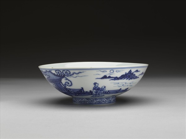 青花山水仕女圖碗