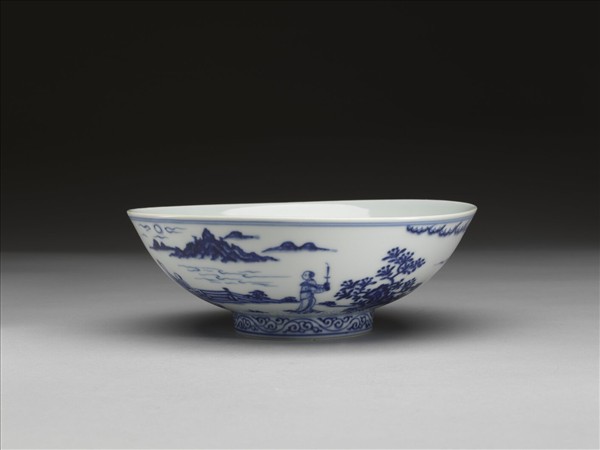 青花山水仕女圖碗