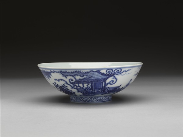 青花山水仕女圖碗