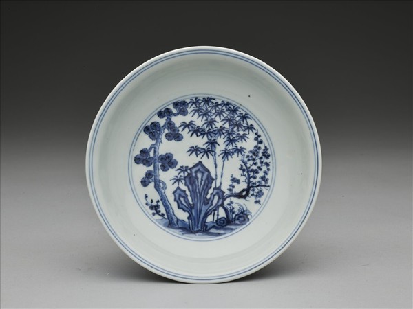 青花三友仕女圖盤