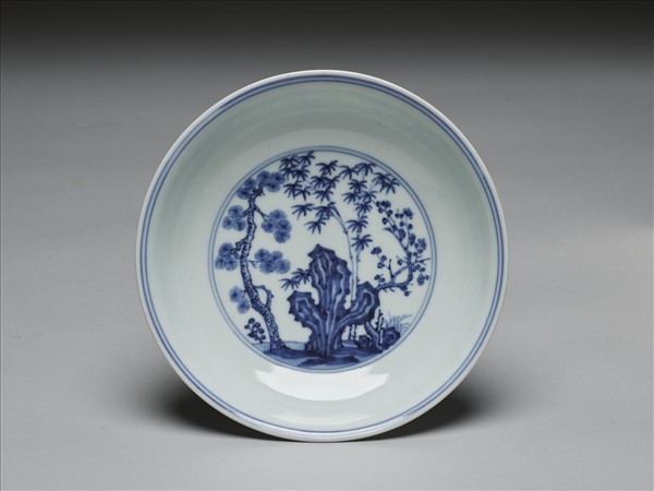 青花三友仕女圖盤