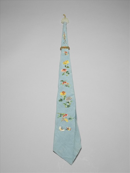 藍綢繡靈芝牡丹綵帨