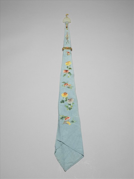 藍綢繡靈芝牡丹綵帨