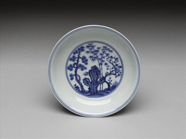 青花三友仕女圖盤