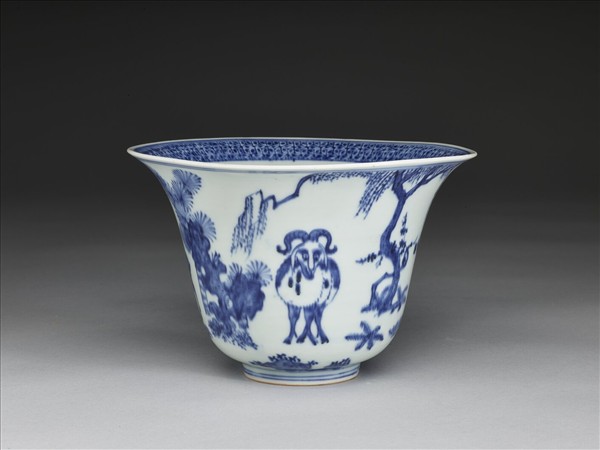 青花三羊開泰圖仰鐘式碗