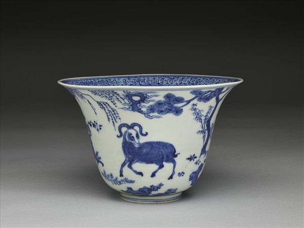 青花三羊開泰圖仰鐘式碗