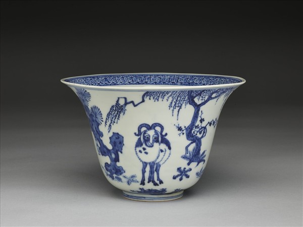 青花三羊開泰圖仰鐘式碗