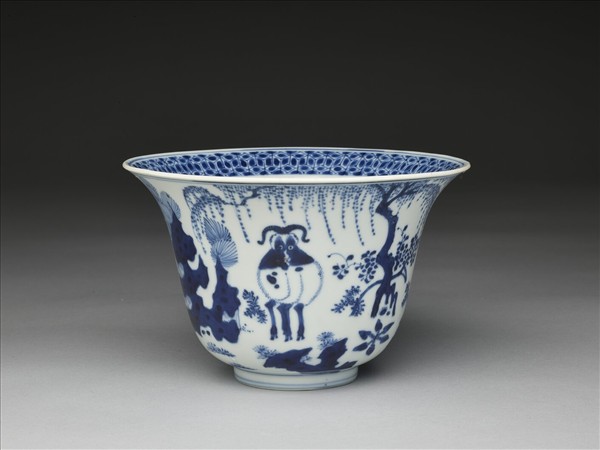青花三羊開泰圖仰鐘式碗