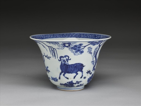 青花三羊開泰圖仰鐘式碗