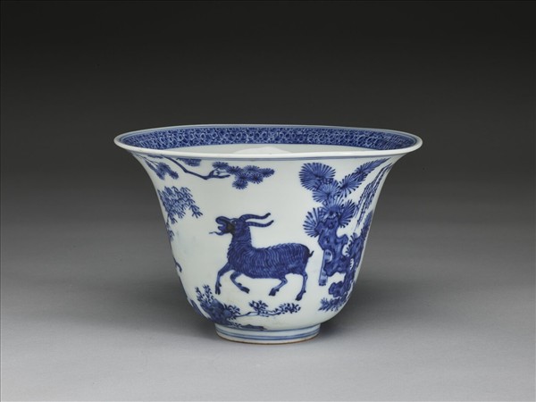 青花三羊開泰圖仰鐘式碗