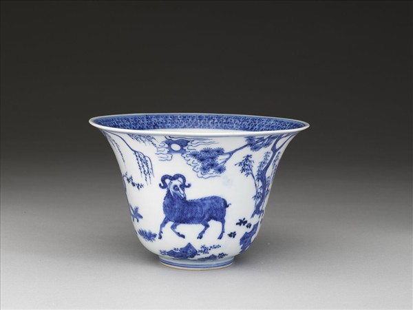 青花三羊開泰圖仰鐘式碗
