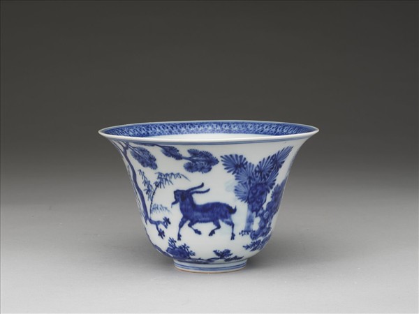 青花三羊開泰圖仰鐘式碗