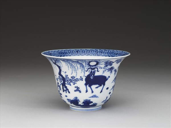 青花三羊開泰圖仰鐘式碗