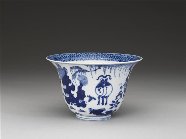 青花三羊開泰圖仰鐘式碗