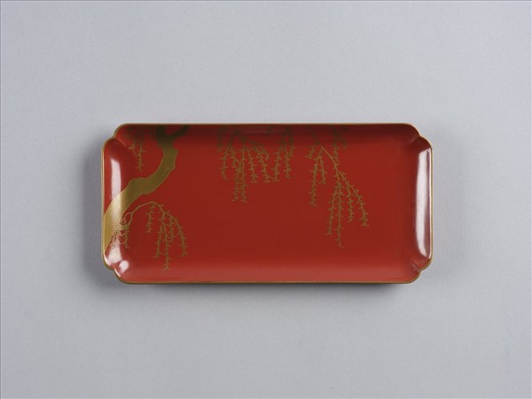 蒔繪藤花紋提架 日本 長方型朱漆描金花鳥圖案小盤