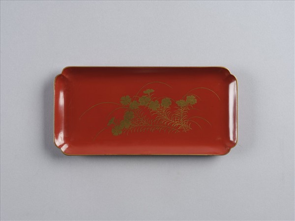 蒔繪藤花紋提架 日本 長方型朱漆描金花鳥圖案小盤