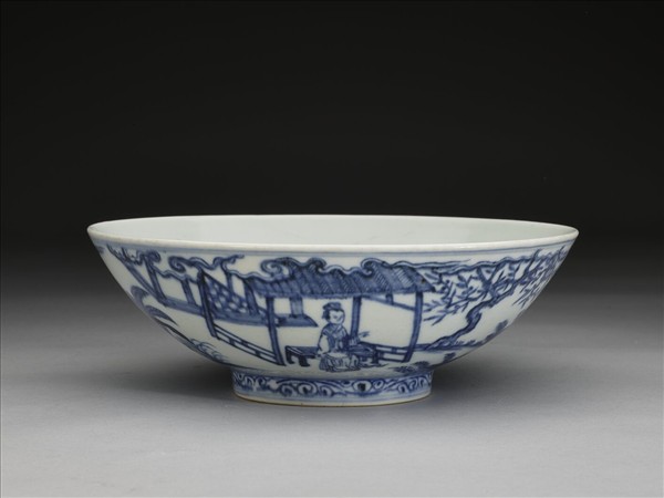 青花山水仕女圖碗