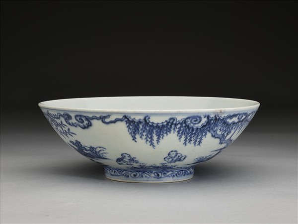 青花山水仕女圖碗