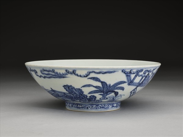 青花山水仕女圖碗