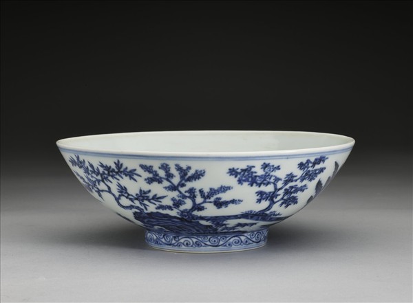 青花山水仕女圖碗