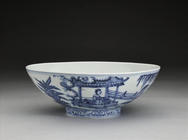 青花山水仕女圖碗