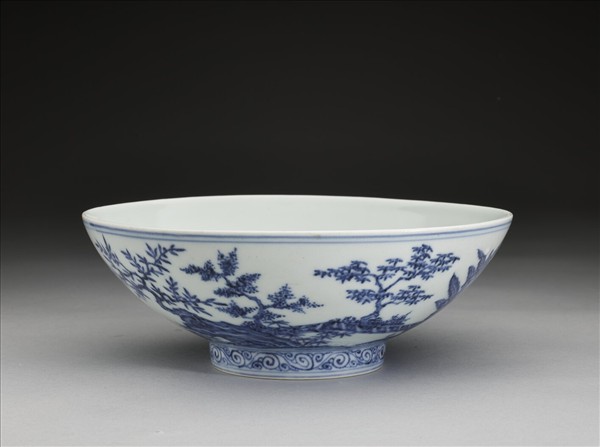 青花山水仕女圖碗