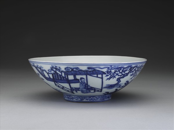 青花山水仕女圖碗