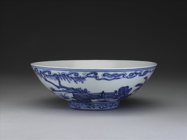 青花山水仕女圖碗