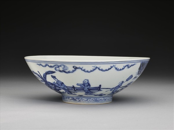 青花山水仕女圖碗