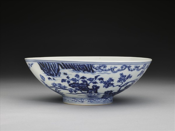 青花山水仕女圖碗