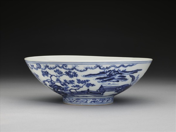 青花山水仕女圖碗