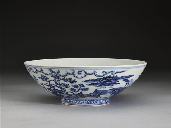 青花山水仕女圖碗