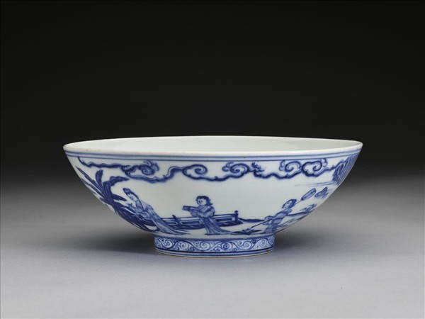 青花山水仕女圖碗