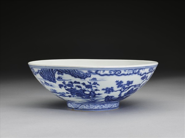 青花山水仕女圖碗