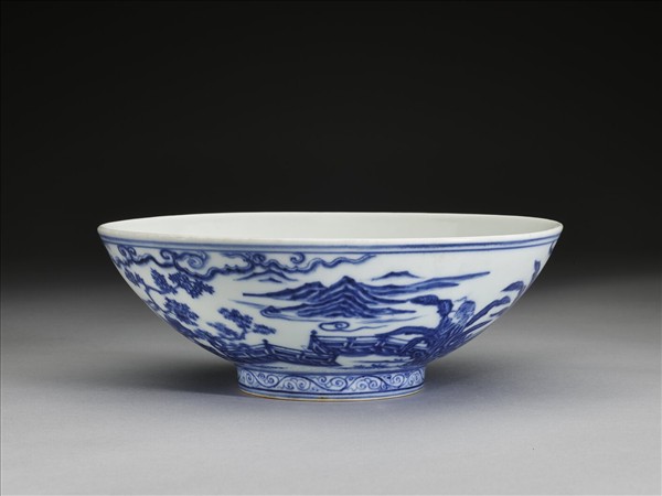 青花山水仕女圖碗