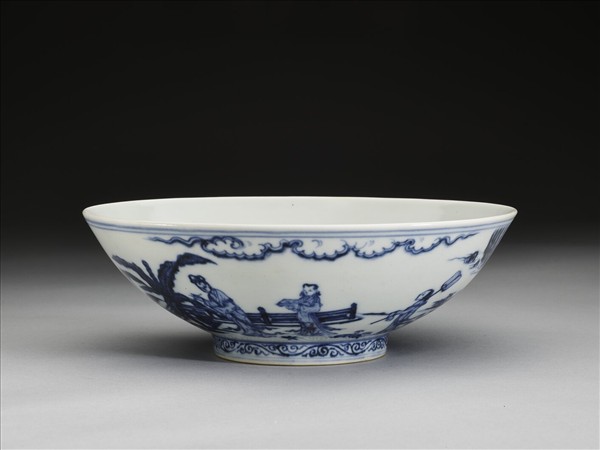 青花山水仕女圖碗